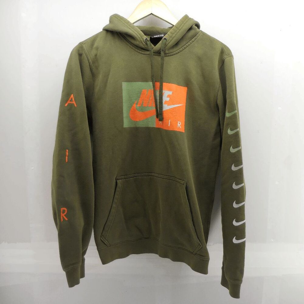 Nike Air Pullover Hoodie Sleeve Hit Air & Swoosh Mens Size Small Green‎ Oranage